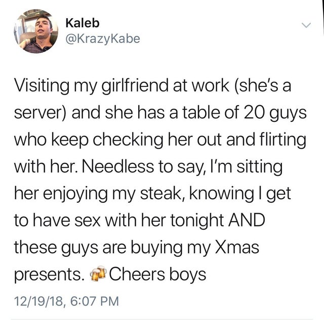 angle - Kaleb Kabe Visiting my girlfriend at work she's a server and she has a table of 20 guys who keep checking her out and flirting with her. Needless to say, I'm sitting her enjoying my steak, knowing get to have sex with her tonight And these guys ar
