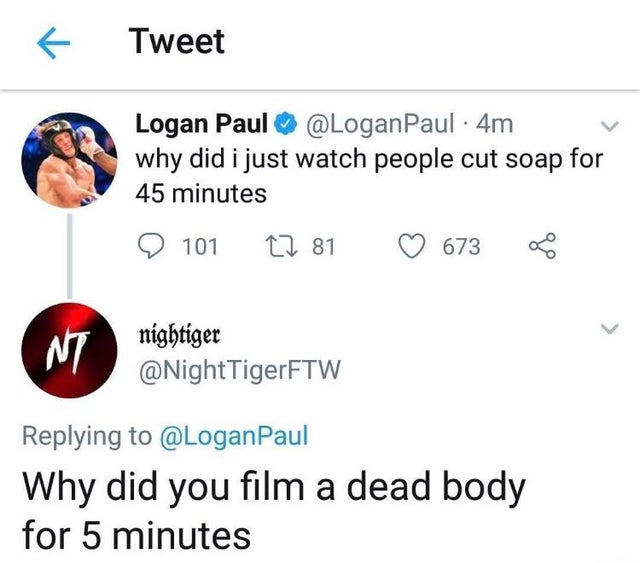 point - Tweet Logan Paul Paul 4m why did i just watch people cut soap for 45 minutes 9 101 Cz 81 673 08 Nt nightiger Paul Why did you film a dead body for 5 minutes