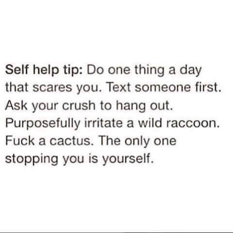 do one thing everyday that scares you meme - Self help tip Do one thing a day that scares you. Text someone first. Ask your crush to hang out. Purposefully irritate a wild raccoon. Fuck a cactus. The only one stopping you is yourself.