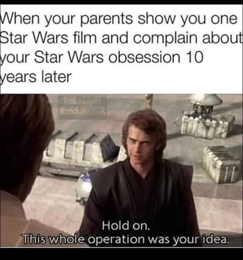 whole operation was your idea - When your parents show you one Star Wars film and complain about your Star Wars obsession 10 years later Hold on. This whole operation was your idea.