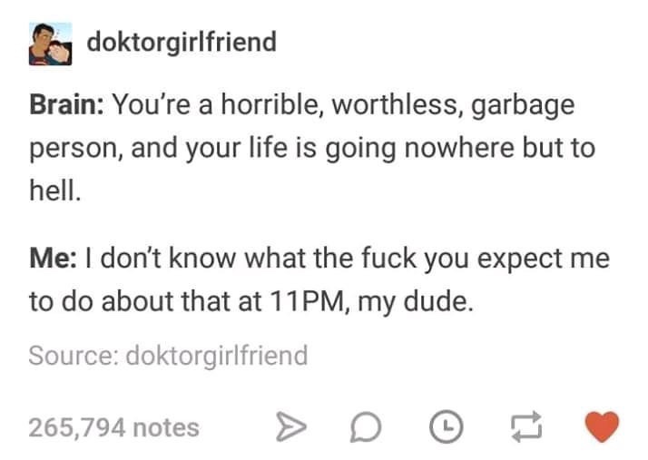 yee and i cannot stress this enough - doktorgirlfriend Brain You're a horrible, worthless, garbage person, and your life is going nowhere but to hell. Me I don't know what the fuck you expect me to do about that at 11PM, my dude. Source doktorgirlfriend 2