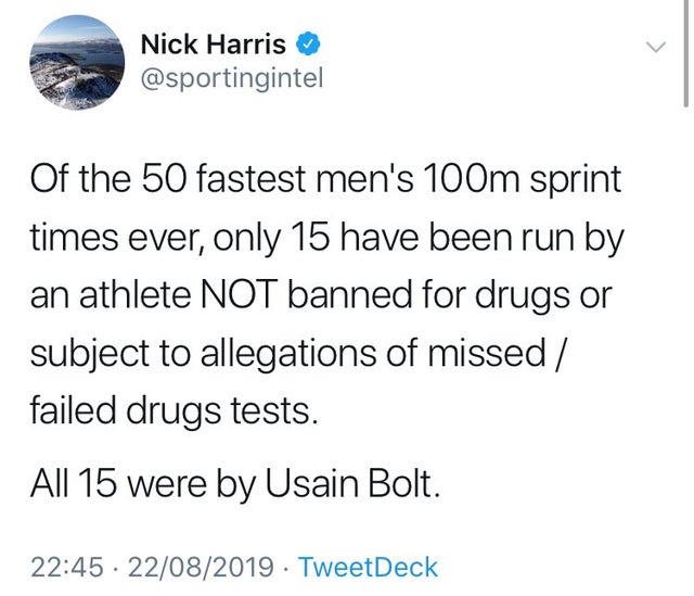 document - Nick Harris Of the 50 fastest men's 100m sprint times ever, only 15 have been run by an athlete Not banned for drugs or subject to allegations of missed failed drugs tests. All 15 were by Usain Bolt. 22082019. TweetDeck