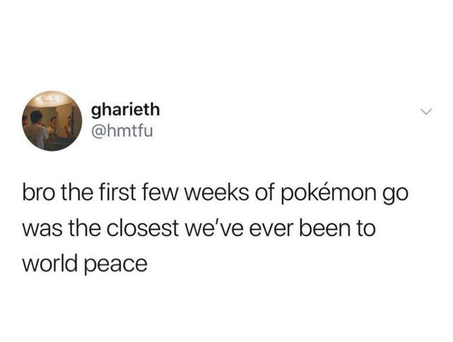 its because im a caprisun - gharieth bro the first few weeks of pokemon go was the closest we've ever been to world peace