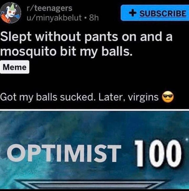 screenshot - rteenagers uminyakbelut 8h Subscribe Slept without pants on and a mosquito bit my balls. Meme Got my balls sucked. Later, virgins Optimist 100