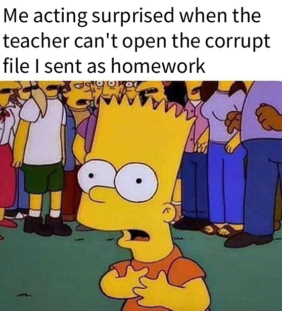 life memes - Me acting surprised when the teacher can't open the corrupt file I sent as homework nogle