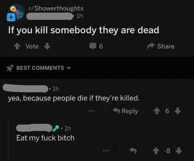 screenshot - rShowerthoughts lh 'If you kill somebody they are dead Vote 6 Best 1h yea, because people die if they're killed. . lh Eat my fuck bitch