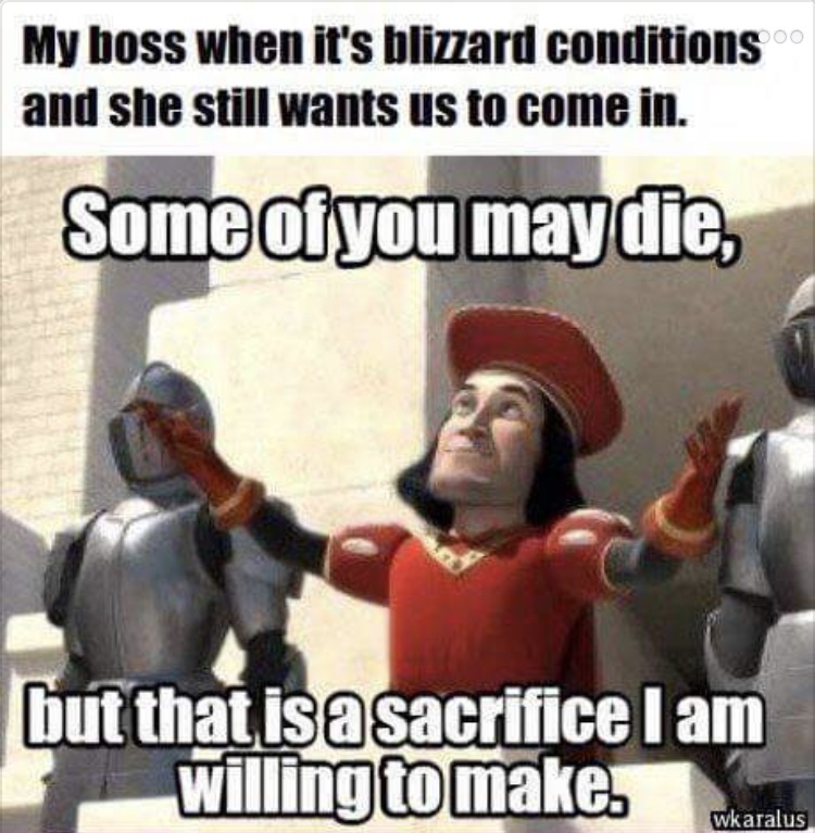 some of you may die but that's a s - My boss when it's blizzard conditions and she still wants us to come in. Some of you may die, but that isa sacrifice I am willing to make. wkaralus