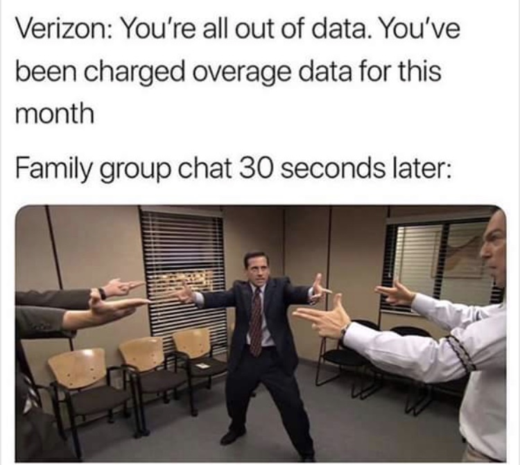 mexican standoff - Verizon You're all out of data. You've been charged overage data for this month Family group chat 30 seconds later