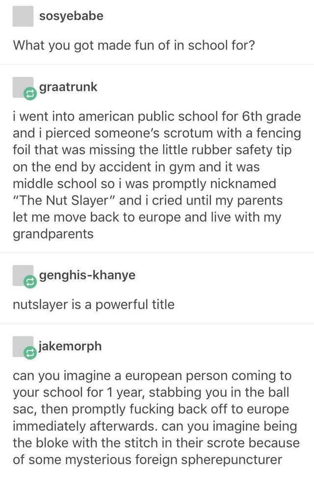 text posts funny - sosyebabe What you got made fun of in school for? graatrunk i went into american public school for 6th grade and i pierced someone's scrotum with a fencing foil that was missing the little rubber safety tip on the end by accident in gym