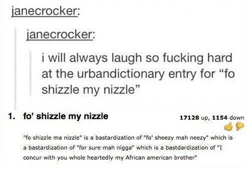 fo shizzle my nizzle - janecrocker janecrocker i will always laugh so fucking hard at the urbandictionary entry for "fo shizzle my nizzle" 1. fo' shizzle my nizzle 17128 up, 1154 down "fo shizzle ma nizzle" is a bastardization of "fo' sheezy mah neezy" wh