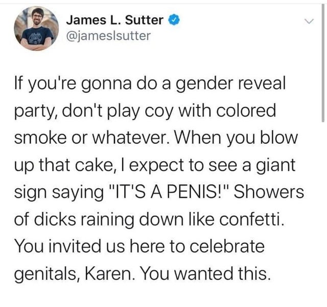 writing problems - James L. Sutter If you're gonna do a gender reveal party, don't play coy with colored smoke or whatever. When you blow up that cake, I expect to see a giant sign saying "It'S A Penis!" Showers of dicks raining down confetti. You invited