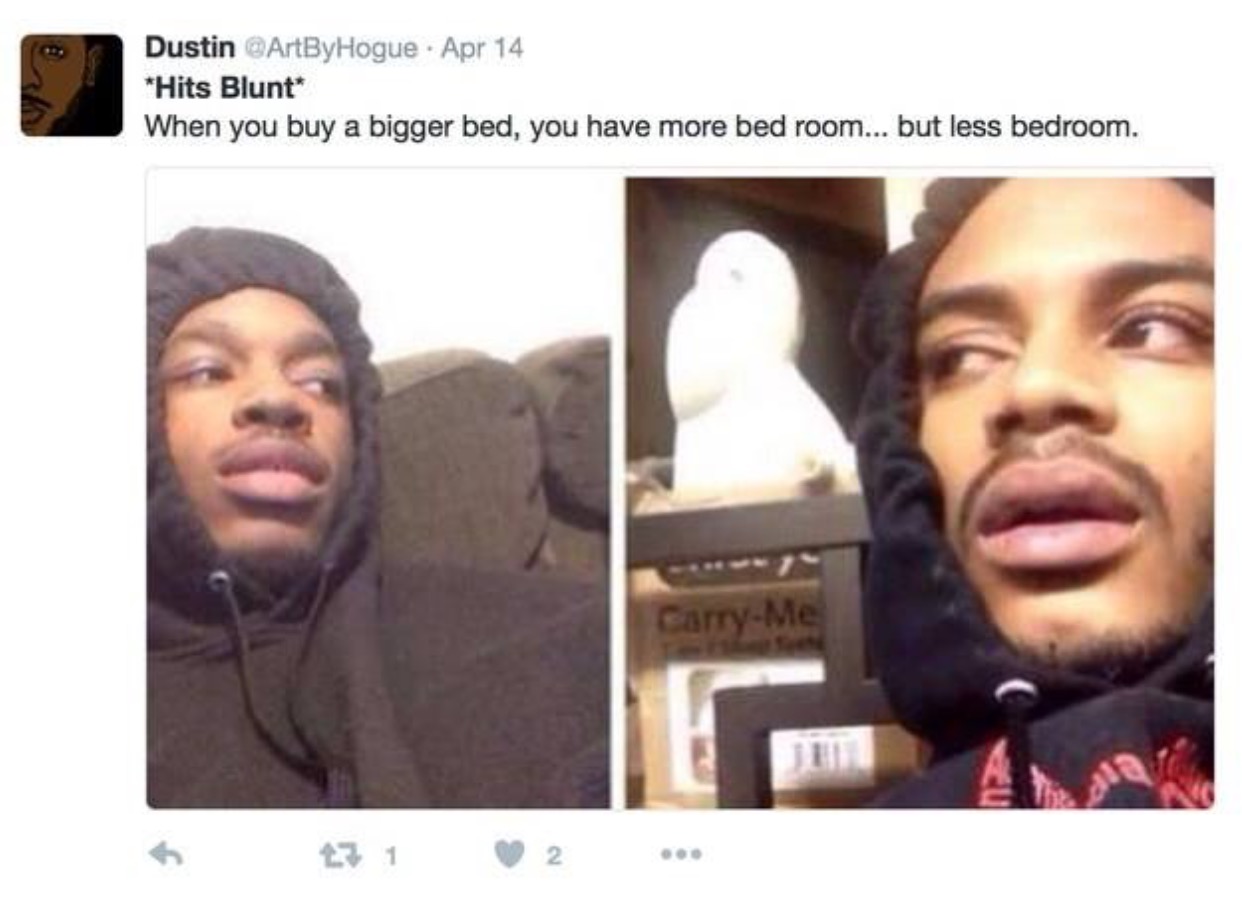 stoner thoughts meme - Dustin ArtByHogue Apr 14 Hits Blunt When you buy a bigger bed, you have more bed room... but less bedroom. CarryMe
