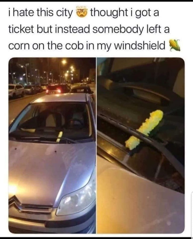 corn cob on windshield meme - i hate this city as thought i got a ticket but instead somebody left a corn on the cob in my windshield