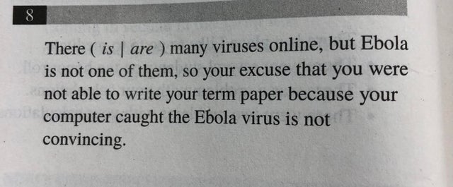 document - There is | are many viruses online, but Ebola is not one of them, so your excuse that you were not able to write your term paper because your computer caught the Ebola virus is not convincing.