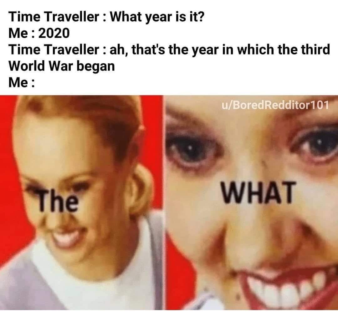meme template - Time Traveller What year is it? Me 2020 Time Traveller ah, that's the year in which the third World War began Me uBoredRedditor 101 The What