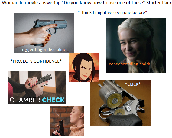communication - Woman in movie answering "Do you know how to use one of these" Starter Pack "I think I might've seen one before" Trigger finger discipline Projects Confidence condescending smirk Click Chamber Check