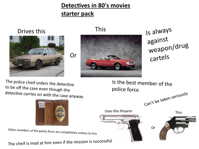 vehicle - Detectives in 80's movies starter pack Drives this This is always against weapondrug cartels Or The police cheif orders the detective to be off the case even though the detective carries on with the case anyway Is the best member of the police f