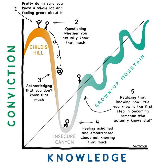 diagram - 1 Pretty damn sure you know a whole lot and feeling great about it 2 Questioning whether you actually know that much Child'S Hill Conviction Acknowledging that you don't know that Realizing that much knowing how little you know is the first step