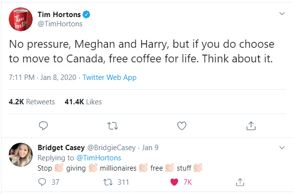 number - Tin Tim Hortons Hortons fort No pressure, Meghan and Harry, but if you do choose to move to Canada, free coffee for life. Think about it. Twitter Web App Bridget Casey Jan 9 Hortons Stop giving millionaires free 937 12 311 stuff 7K