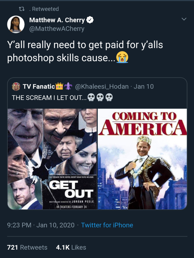 film - 11 Retweeted Matthew A. Cherry Y'all really need to get paid for y'alls photoshop skills cause... Tv Fanatic Jan 10 The Scream I Let Out... Coming To Merica Get Out Asin Peele Twitter for iPhone 721