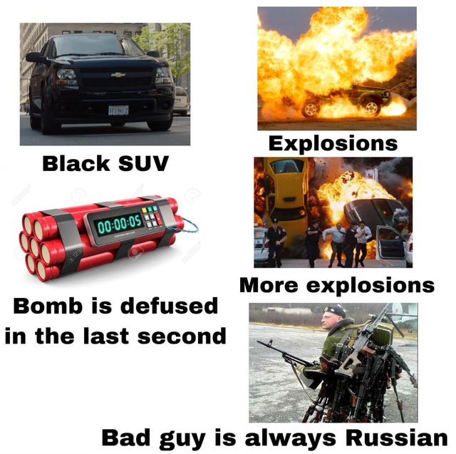 car - Explosions Black Suv 05 H More explosions Bomb is defused in the last second Bad guy is always Russian