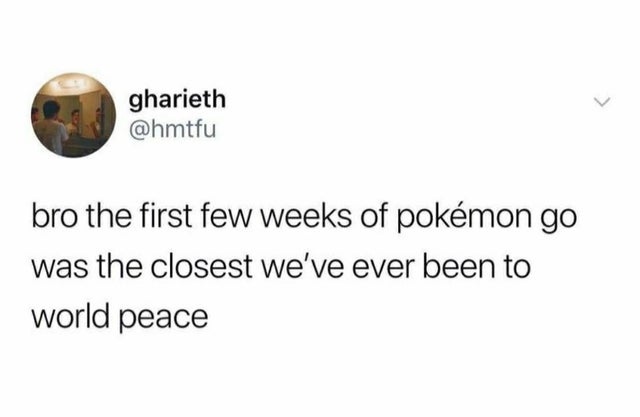 twitter relatable posts - gharieth bro the first few weeks of pokemon go was the closest we've ever been to world peace