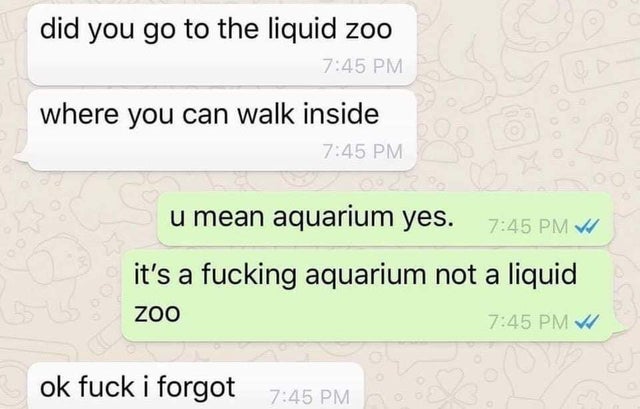 liquid zoo - did you go to the liquid zoo where you can walk inside u mean aquarium yes. Vi it's a fucking aquarium not a liquid zoo ok fuck i forgot