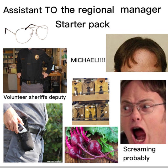 dwight schrute - Assistant to the regional manager Starter pack Michael!!!! Volunteer sheriffs deputy Screaming probably andre