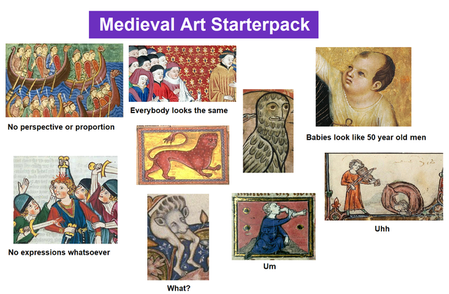cartoon - Medieval Art Starterpack Everybody looks the same No perspective or proportion Babies look 50 year old men Uhh No expressions whatsoever Um What?