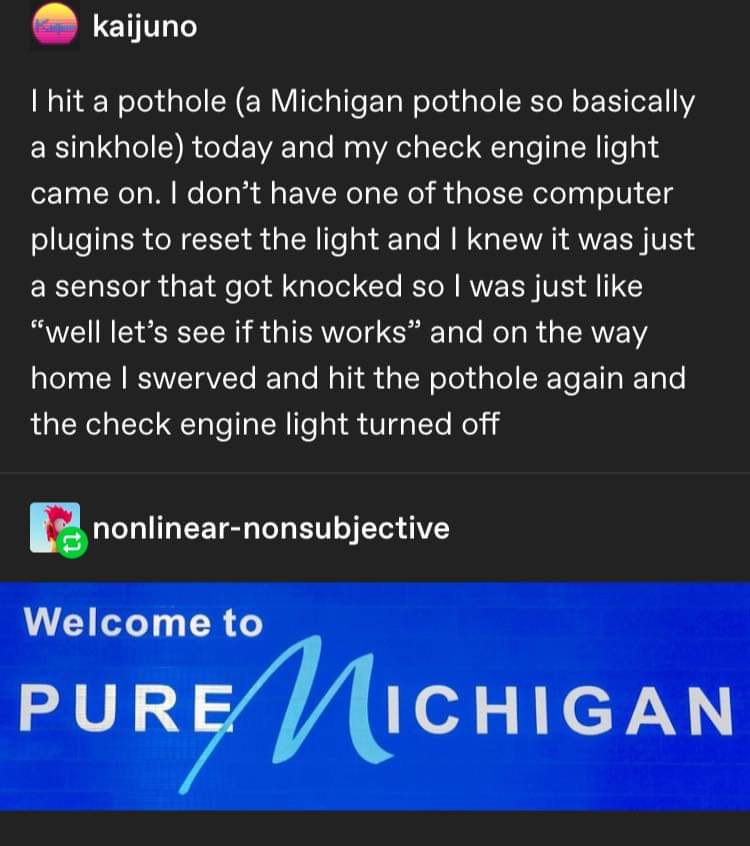 screenshot - kaijuno Thit a pothole a Michigan pothole so basically a sinkhole today and my check engine light came on. I don't have one of those computer plugins to reset the light and I knew it was just a sensor that got knocked so I was just "well let'