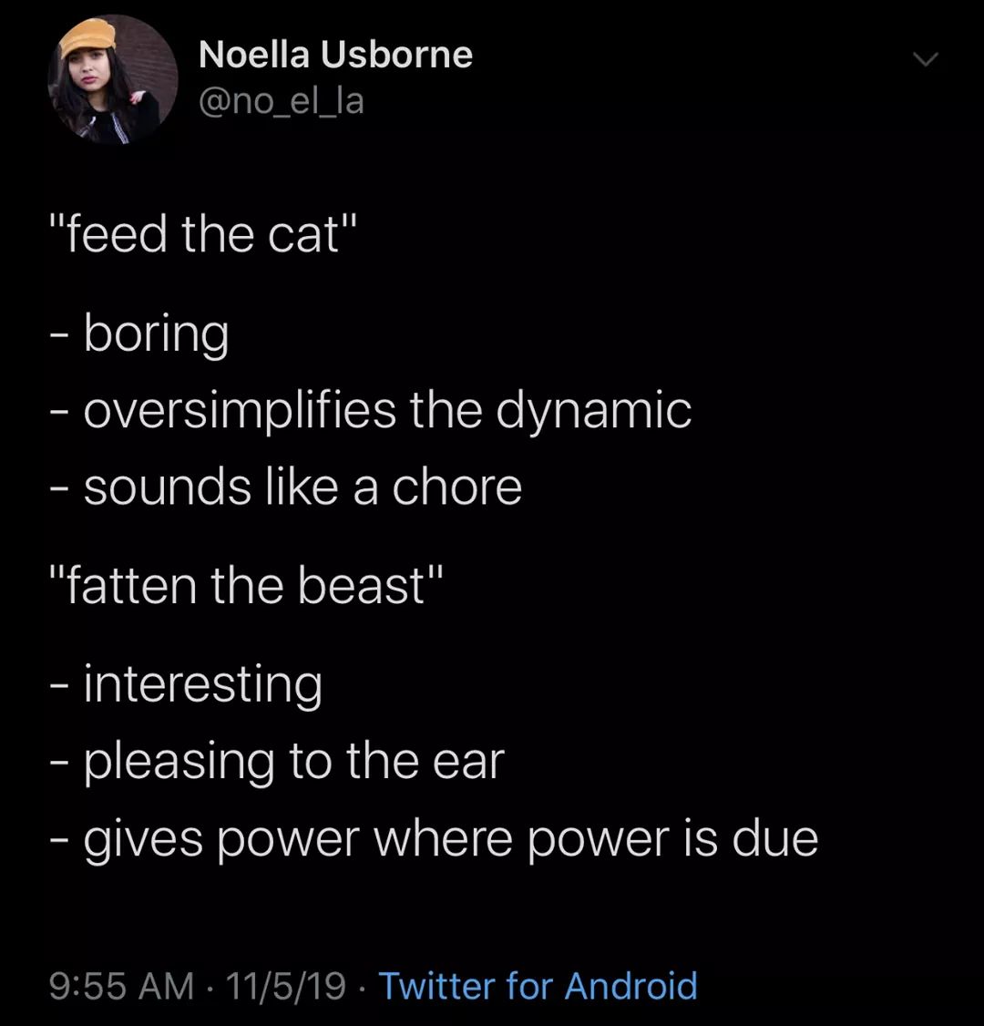atmosphere - Noella Usborne "feed the cat" boring oversimplifies the dynamic sounds a chore Co "fatten the beast" interesting pleasing to the ear gives power where power is due 11519. Twitter for Android,
