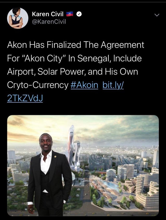presentation - Karen Civil Akon Has Finalized The Agreement For "Akon City" In Senegal, Include Airport, Solar Power, and His Own CrytoCurrency bit.ly 2TkZVdJ