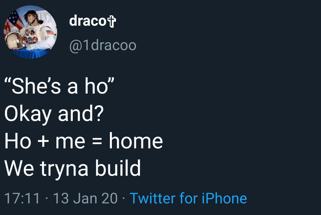 photo caption - dracot "She's a ho" Okay and? Ho me home We tryna build . 13 Jan 20 Twitter for iPhone
