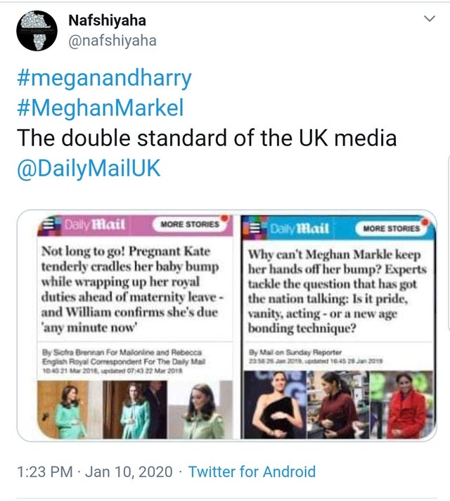 Double standard - Nafshiyaha Markel The double standard of the Uk media Daily Mail More Storiese Not long to go! Pregnant Kate tenderly cradles her baby bump while wrapping up her royal duties ahead of maternity leave and William confirms she's due 'any m