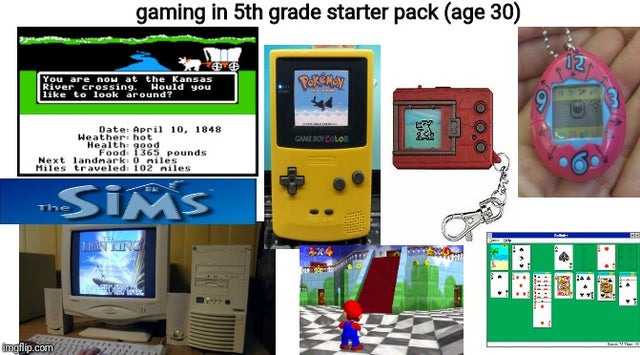 portable electronic game - gaming in 5th grade starter pack age 30 You are now at the Kansas River crossing. Would you to look around? Parcely Game Boycolor Date Weather hot Health good Food 1365 pounds Next landmark Oniles Miles traveled 102 miles Sims L