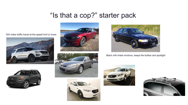 model car - "Is that a cop?" starter pack Will make traffic travel at the speed limit or lower Black with tinted windows, keeps the bullbar and spotlight