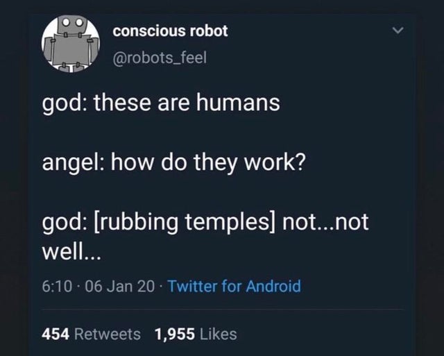 screenshot - conscious robot god these are humans angel how do they work? god rubbing temples not...not well.. 06 Jan 20 Twitter for Android, 454 1,955