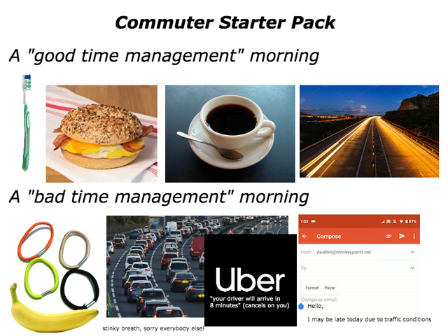 Commuter Starter Pack A "good time management" morning A "bad time management" morning Nam Compose From wallenmonkeypartnet Uber Format Paste your driver will arrive in 8 minutes cancels on you Hello, I may be late today due to traffic conditions stinky…