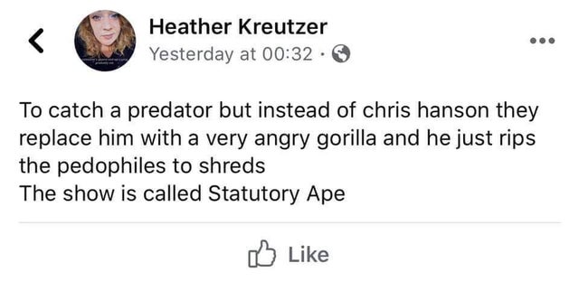 Chris Hansen - Heather Kreutzer Yesterday at To catch a predator but instead of chris hanson they replace him with a very angry gorilla and he just rips the pedophiles to shreds The show is called Statutory Ape