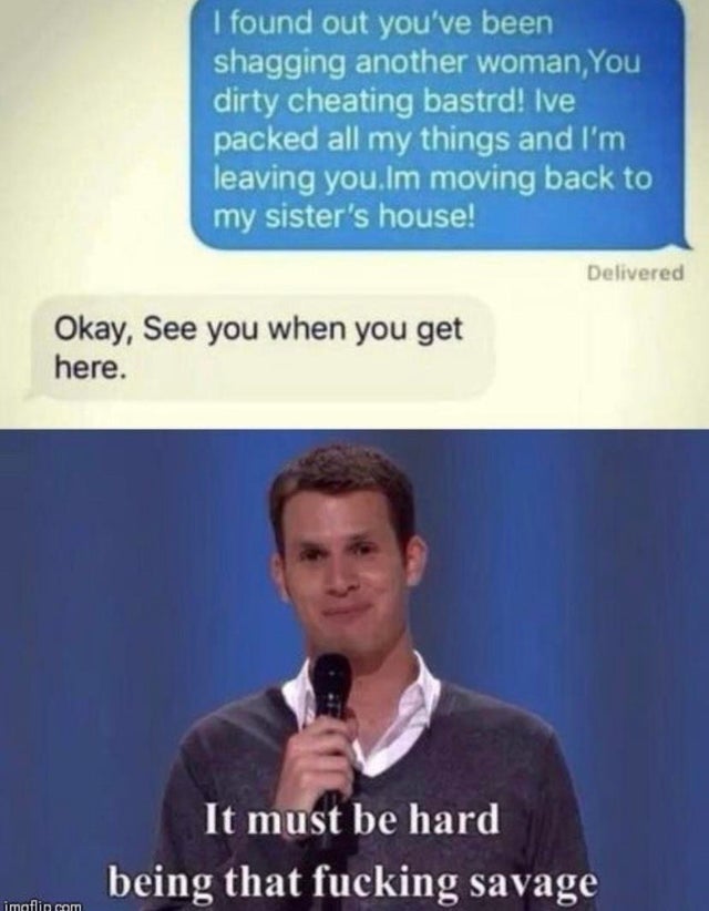 savage memes - I found out you've been shagging another woman, You dirty cheating bastrd! Ive packed all my things and I'm leaving you.Im moving back to my sister's house! Delivered Okay, See you when you get here. It must be hard being that fucking savag