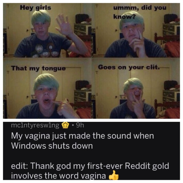 photo caption - Hey girls ummm, did you know? That my tongue Goes on your clit. mclntyreswing .gh My vagina just made the sound when Windows shuts down edit Thank god my firstever Reddit gold involves the word vagina