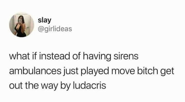 document - slay what if instead of having sirens ambulances just played move bitch get out the way by ludacris