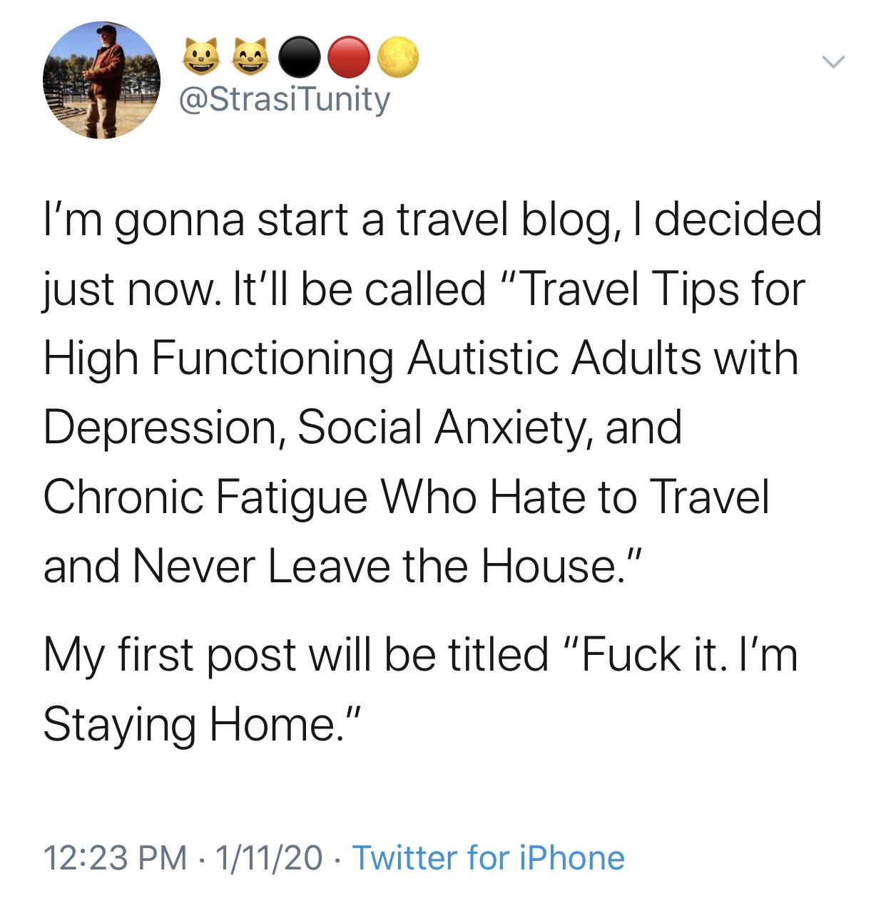 I'm gonna start a travel blog, I decided just now. It'll be called "Travel Tips for High Functioning Autistic Adults with Depression, Social Anxiety, and Chronic Fatigue Who Hate to Travel and Never Leave the House." My first post will be titled "Fuck it.
