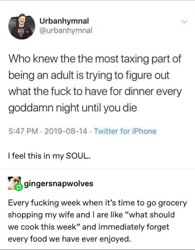 friends with abusers - Urbanhymnal Who knew the the most taxing part of being an adult is trying to figure out what the fuck to have for dinner every goddamn night until you die . Twitter for iPhone I feel this in my Soul. gingersnapwolves Every fucking w