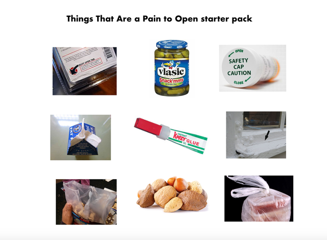 junk food - Things That Are a Pain to open starter pack Ope vlasic Snack mms Safety Cap Caution Close Krzeglue