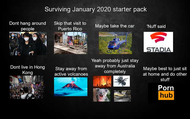 presentation - Surviving starter pack, Dont hang around people Skip that visit to Puerto Rico Maybe take the car 'Nuff said Stadia Dont live in Hong Kong Stay away from active volcanoes Yeah probably just stay away from Australia completely Maybe best to 