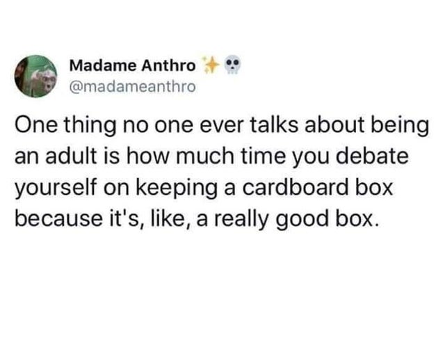 first of all im scared meme - Madame Anthro One thing no one ever talks about being an adult is how much time you debate yourself on keeping a cardboard box because it's, , a really good box.