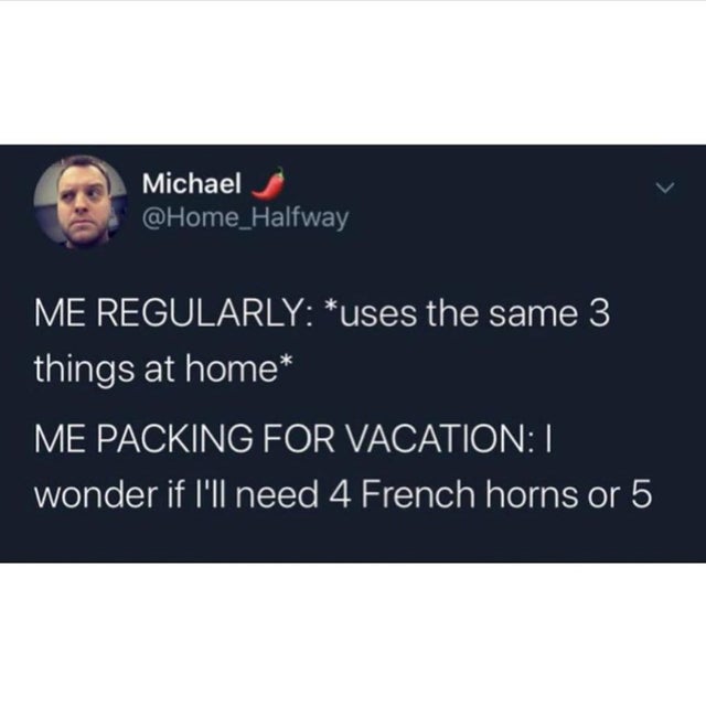 multimedia - Michael Me Regularly uses the same 3 things at home Me Packing For Vacation|| wonder if I'll need 4 French horns or 5