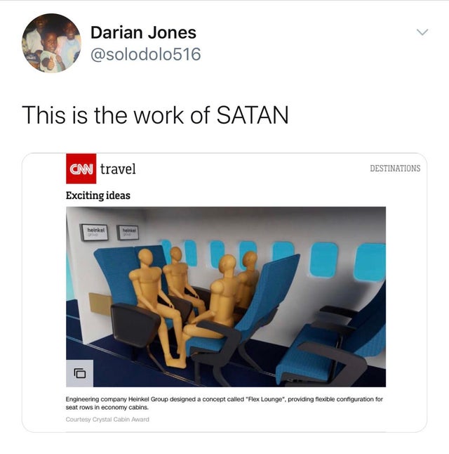 website - Darian Jones This is the work of Satan Cnn travel Destinations Exciting ideas Engineering company Heinkel Group designed a concept called "Flex Lounge", providing flexible configuration for seat rows in economy cabins. Courtesy Crystal Cabin Awa
