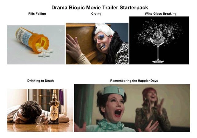 human behavior - Drama Biopic Movie Trailer Starterpack Crying Wine Glass Breaking Pills Falling Drinking to Death Remembering the Happier Days